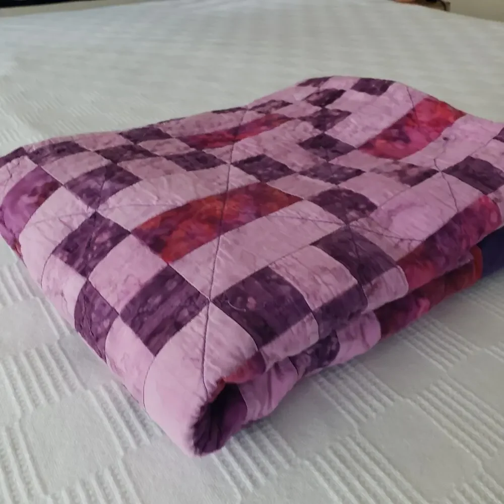 Handmade Batik Lap Throw Quilt Purple Pink Reversible Modern Patchwork 46